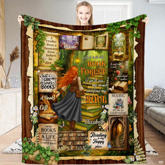 Whimsical book lover ascending staircase of books into enchanted forest library, view 1.