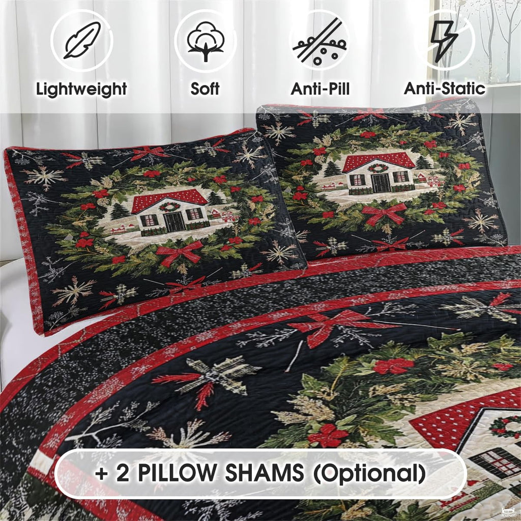 Festive cottage core bedding set styled in a thematic accent bedroom with red and black geometric border accents.