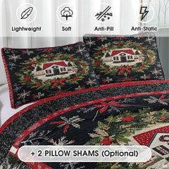 Festive cottage core bedding set styled in a thematic accent bedroom with red and black geometric border accents.
