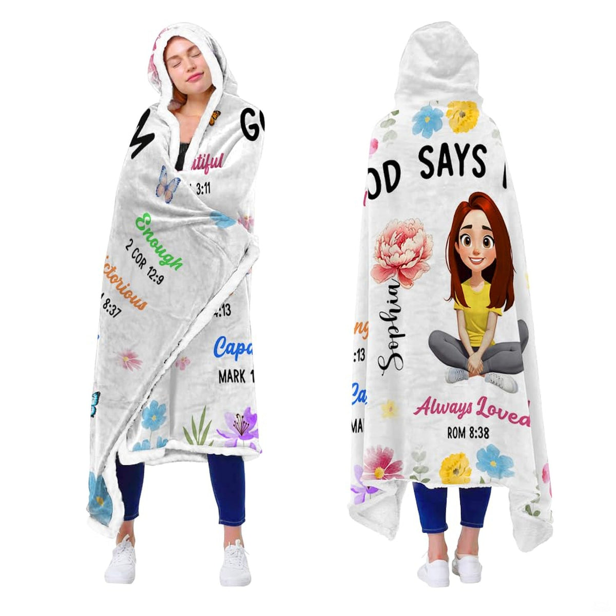 Christian faith inspirational hooded blanket draped in a bright sunny bedroom corner