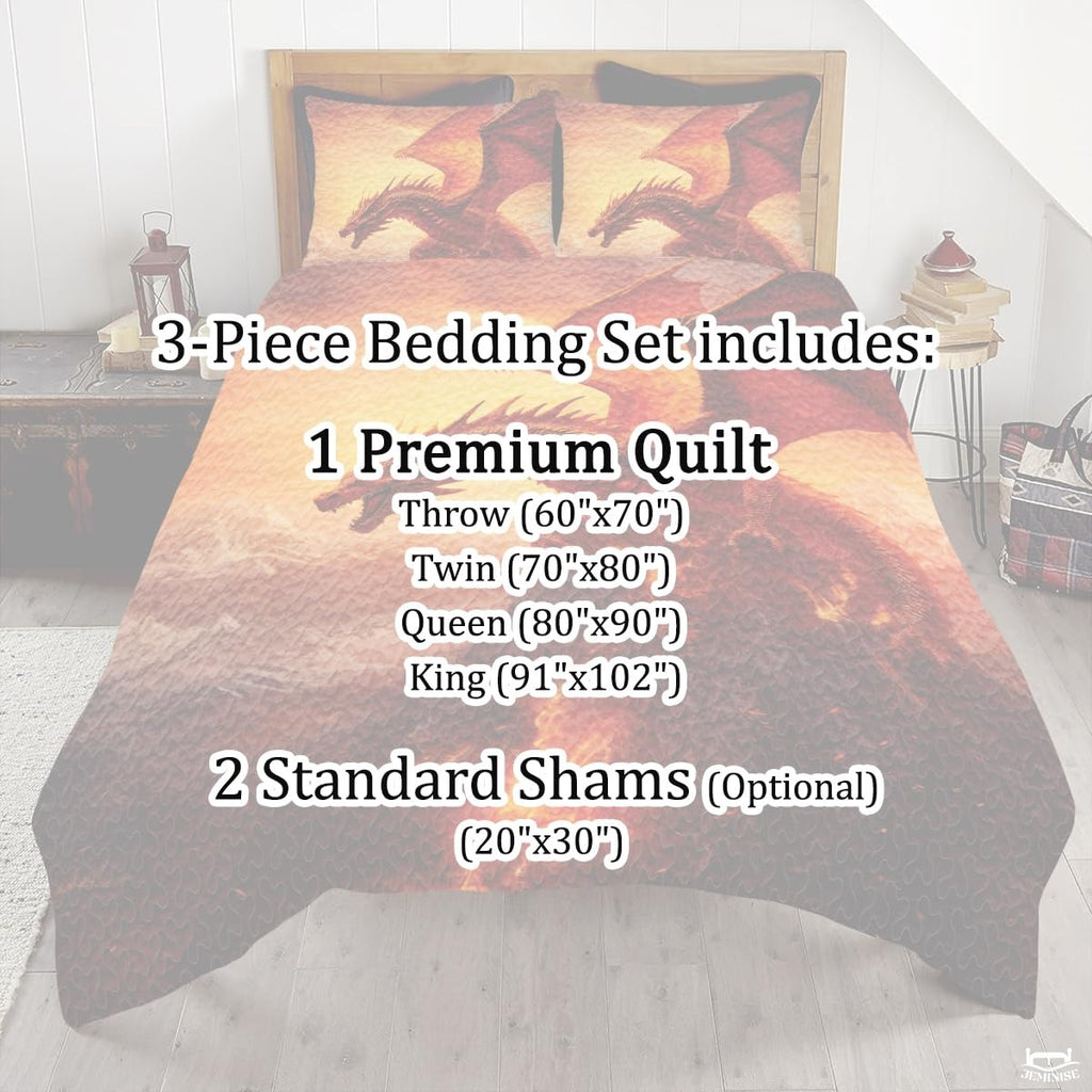 Fantasy Winged Dragon Comforter Set with Volcanic Eruption And Bedroom