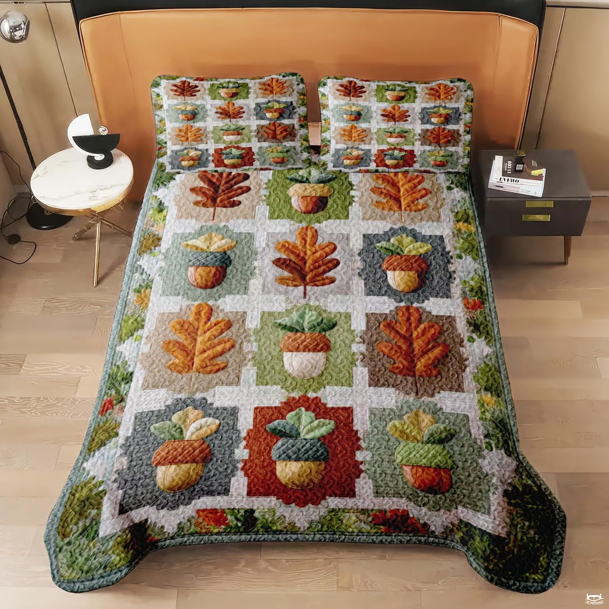 Side perspective of oak leaf bedding set showing comprehensive decorative patchwork coverage in natural room lighting.