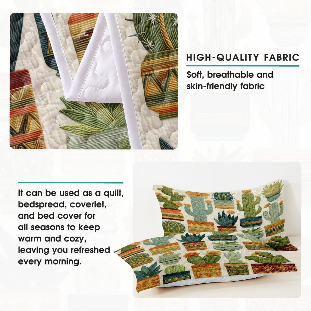 Personalized Vibrant Potted Cactus Quilt Set, Machine Washa - Design 3