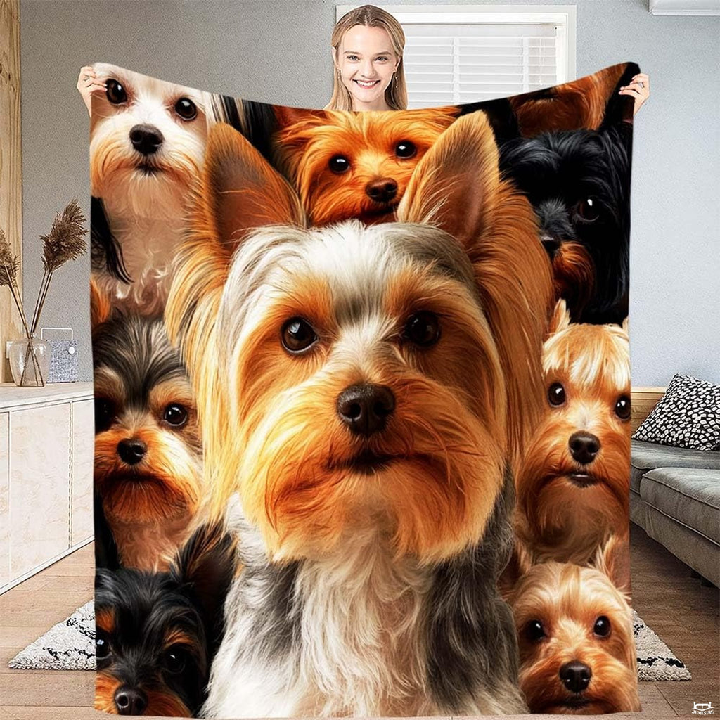 Close-up view of Yorkshire Terrier artwork displaying expressive dark puppy eyes and tan fur accents.