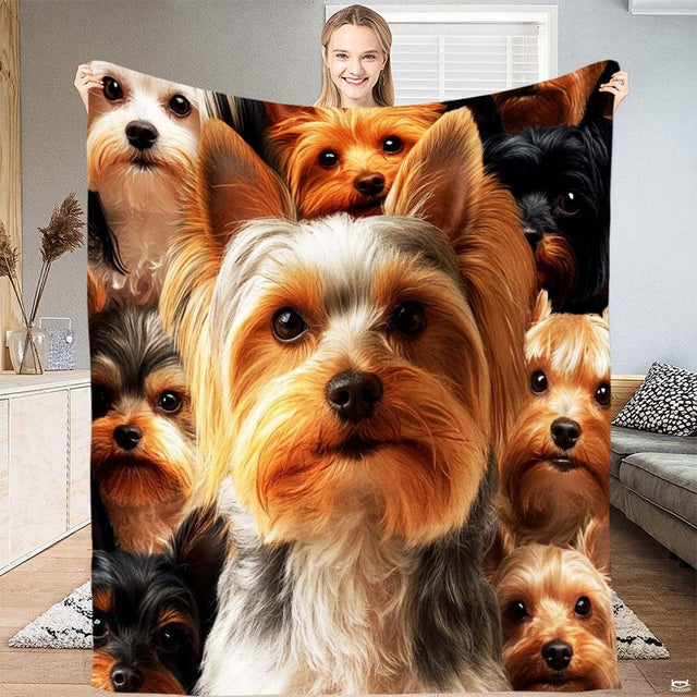 Close-up view of Yorkshire Terrier artwork displaying expressive dark puppy eyes and tan fur accents.