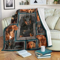 Dachshund blanket draped over an armchair displaying framed dog portraits on a teal background.