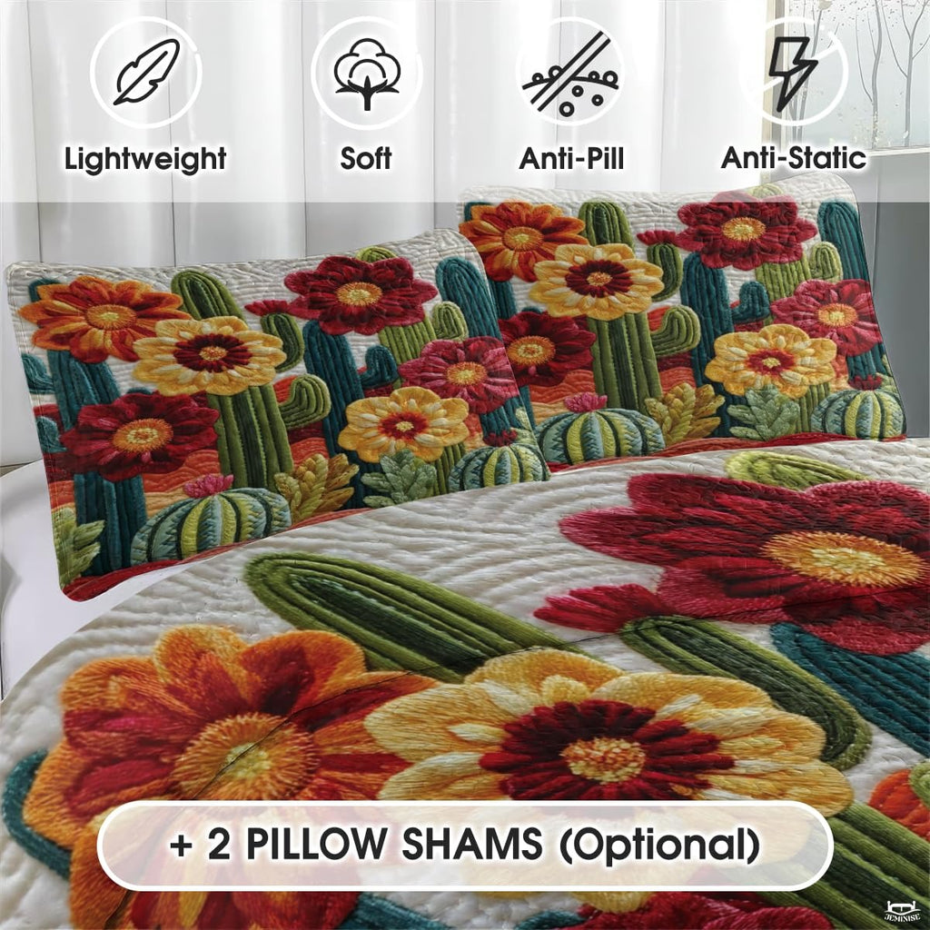 Personalized Vibrant Cactus Flower Quilt Set, Machine Washable