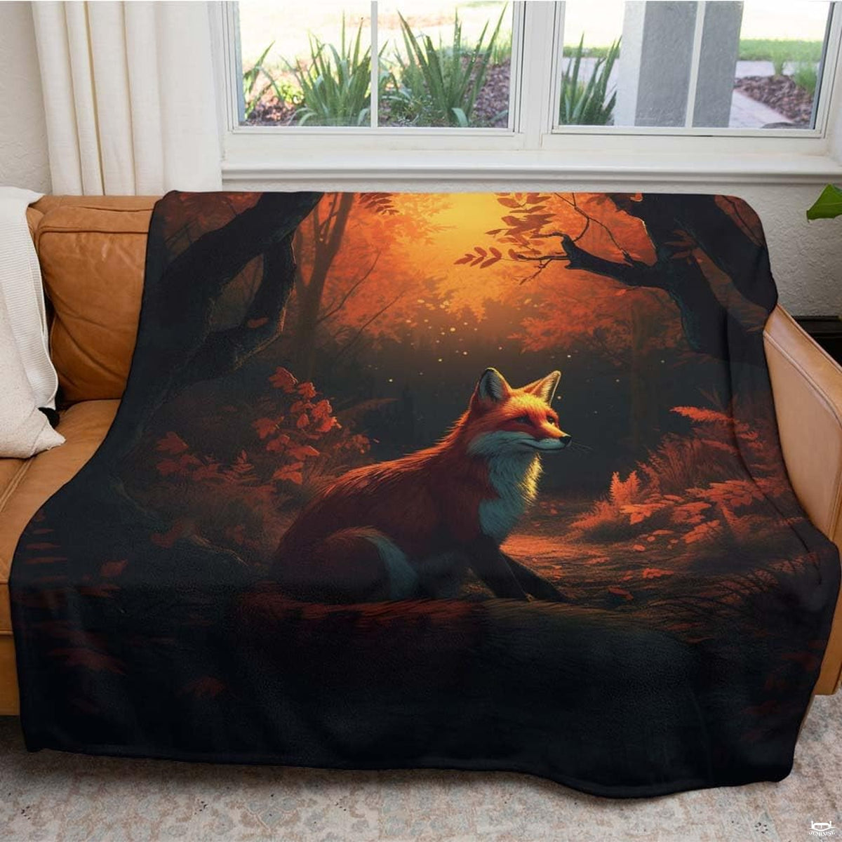 Scenic forest bedroom setup featuring autumn fox bedding against dark twilight tones.