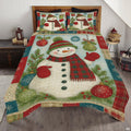 Frosty sage and oatmeal snowman bedding set featuring rustic winter snowman illustrations and pine sprigs.