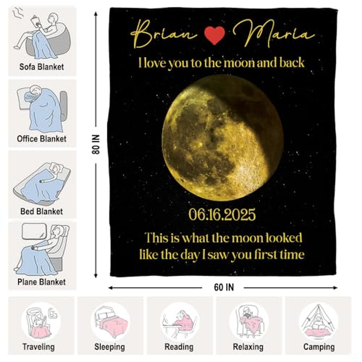 Personalized Moon Phase Blanket – Custom Couple Gift with Names, Date & “I Love You to the Moon and Back” Quote – Unique Anniversary, Wedding, or Valentine’s Throw Blanket