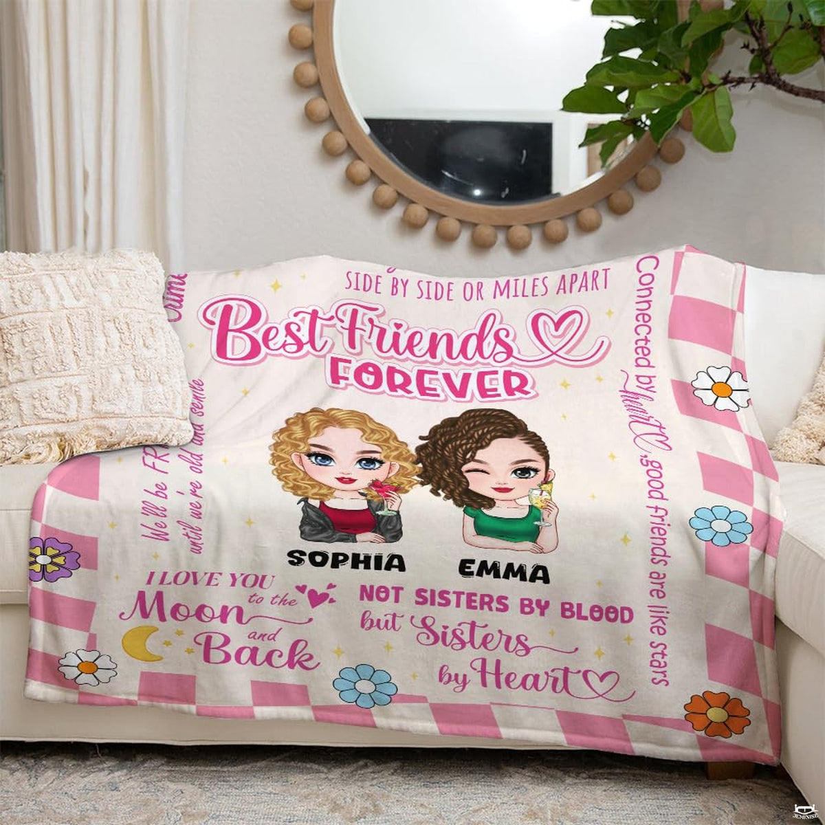 Living room decor setting featuring best friends cartoon throw blanket draped over contemporary couch