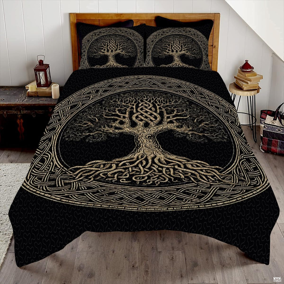 Celtic knot shield Tree of Life bedding featuring antique gold braided medallion borders on a black bed