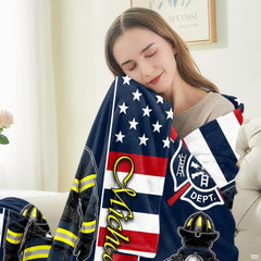 Draped presentation highlighting firefighter silhouette and heraldic badge on Blanket.