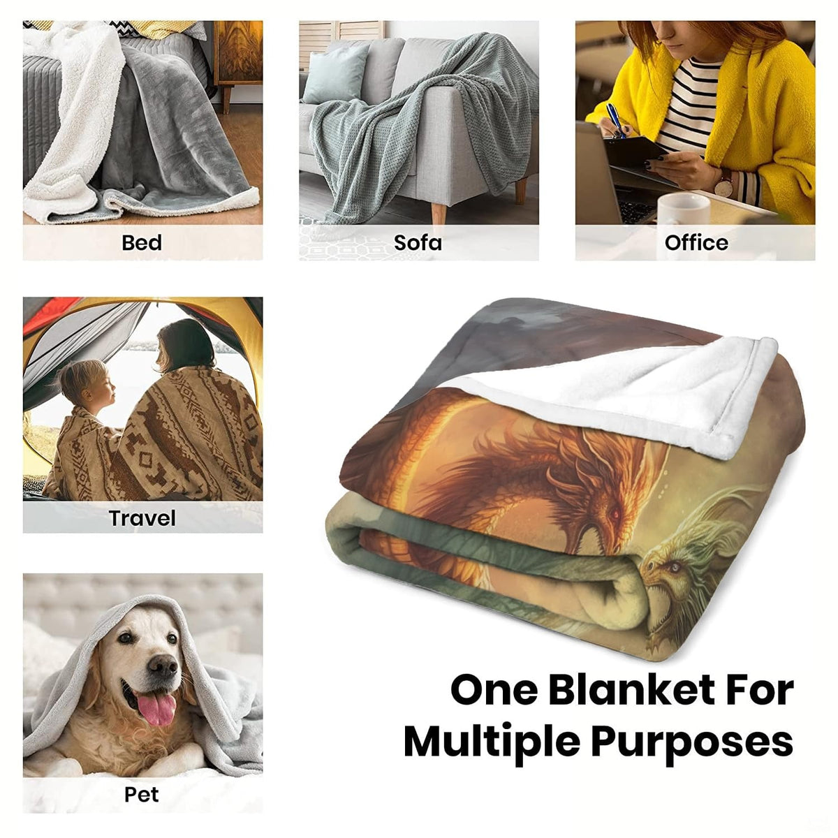 Multi-scene display collage highlighting folded dragon textile in diverse indoor relaxation settings.