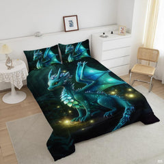 Top angle perspective of peacock teal dragon fantasy bedding showing vivid scales, wings, and stardust prints.