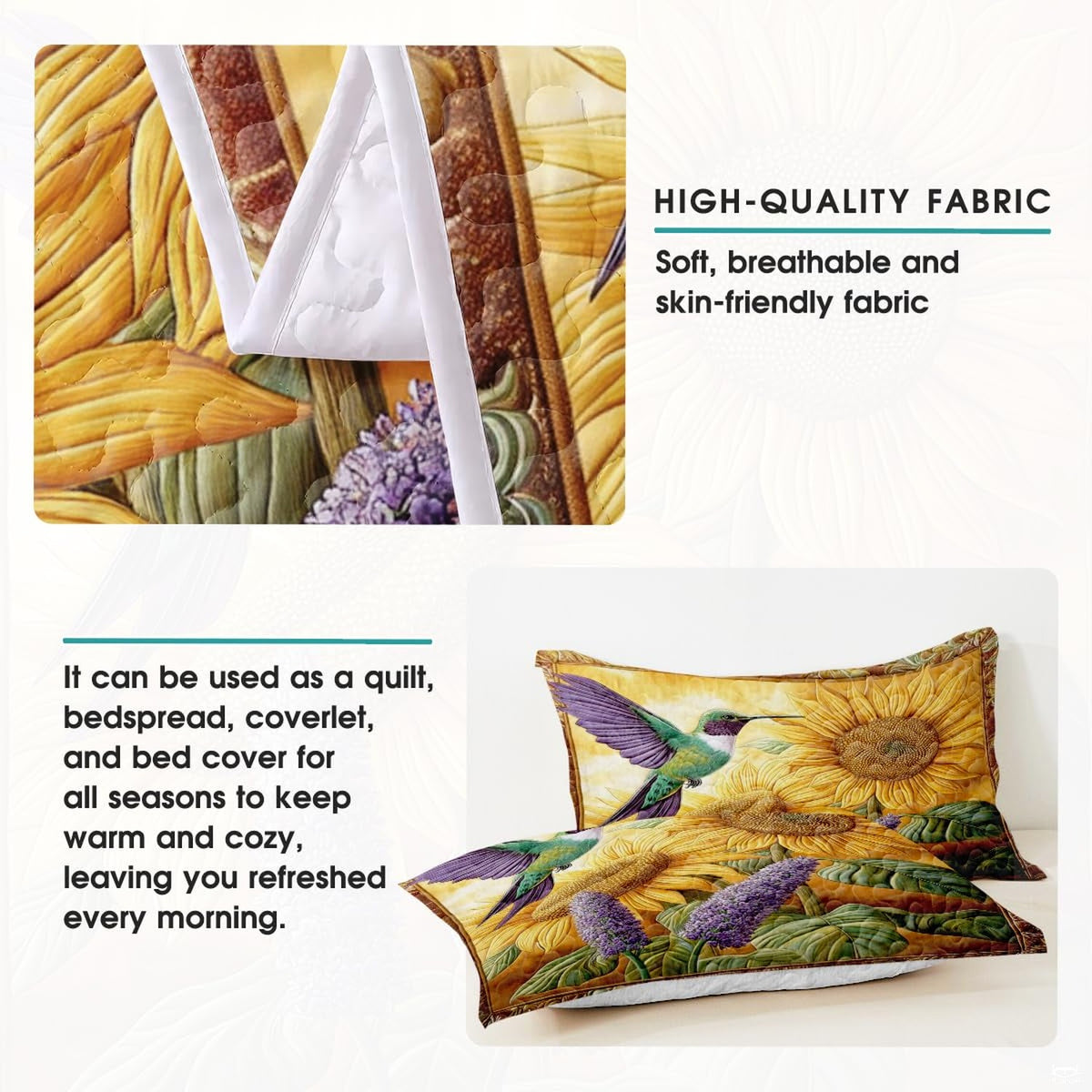 Hummingbird sunflower bedroom decor shown in a warm nature-inspired setting