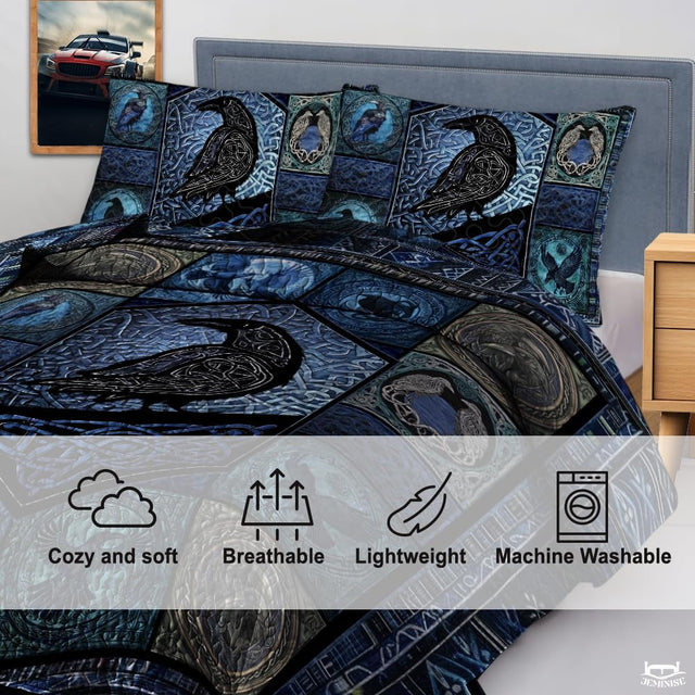 Angled view of deep blue Norse raven bedding showcasing runic panels in a modern bedroom.