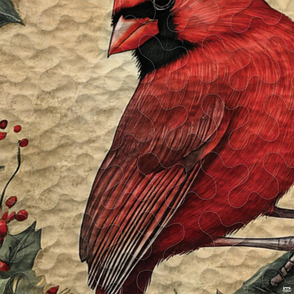 Close-up perspective of cardinal bedding highlighting ruby red plumage, holly leaves, and berries