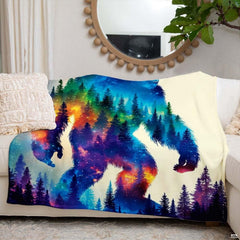 Cosmic Bigfoot throw blanket view 6 highlighting celestial galaxy art and pine forest silhouette detailing