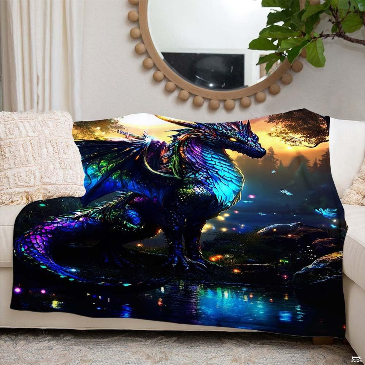 Feature diagram for the iridescent dragon throw blanket showing rich print quality and durable construction.