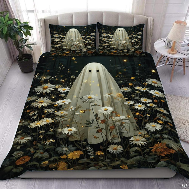 Overhead bedroom view displaying ghost and daisy meadow bedding with matching pillowcases.