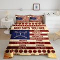 Navy blue and scarlet red baseball helmet sports bedding set displayed neatly on a bed in a youth bedroom