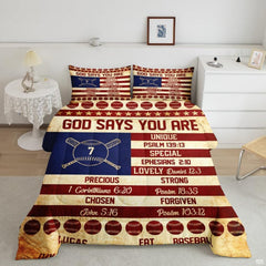 Navy blue and scarlet red baseball helmet sports bedding set displayed neatly on a bed in a youth bedroom