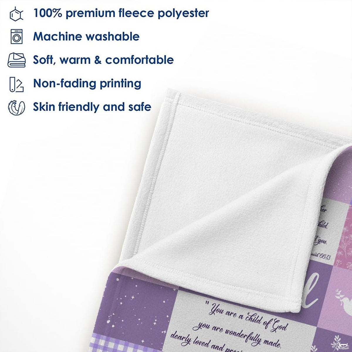 Close-up perspective highlighting clean folded borders, corner hem, and reverse white ground.