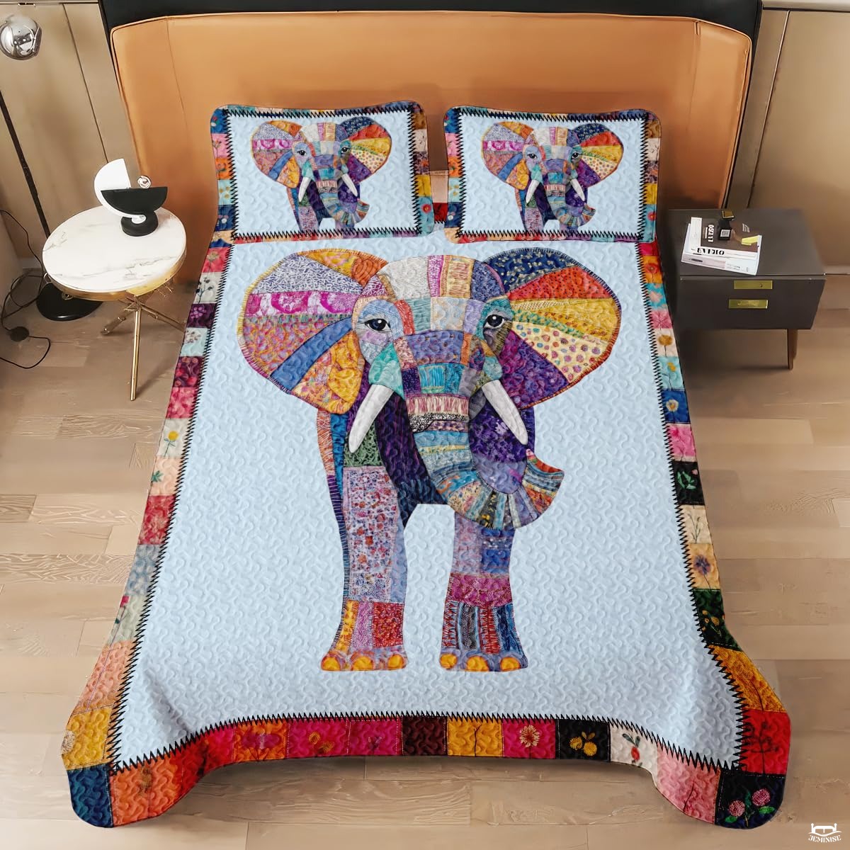 Elephant Patchwork Pattern Quilt Set, Animal Farmhouse Quilt Set Patchwork Style, Premium Quilt Pattern Bedspread, Elephant Bedding Quilt for Birthday Gift