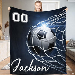 Soccer ball in goal net athletic graphic blanket front display