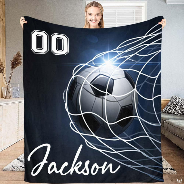 Soccer ball in goal net athletic graphic blanket front display