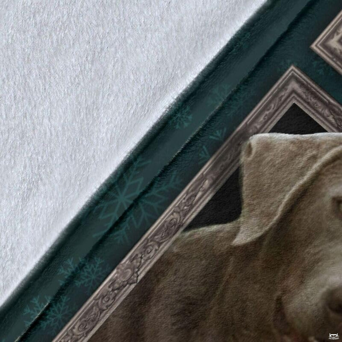 Alternative room perspective of framed silver retriever dog blanket