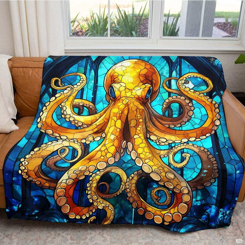 Stained glass golden octopus cathedral throw blanket view 5 detailing mosaic tiles and tentacles