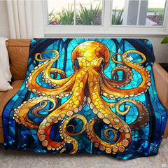 Stained glass golden octopus cathedral throw blanket view 5 detailing mosaic tiles and tentacles