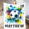 Soccer ball watercolor splash artwork in turquoise, royal blue, crimson, and bright yellow-green on white background.