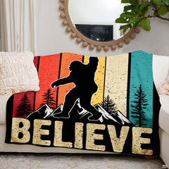 Rock on Bigfoot silhouette atop snowy mountain peaks with retro sunset stripes, view 4.
