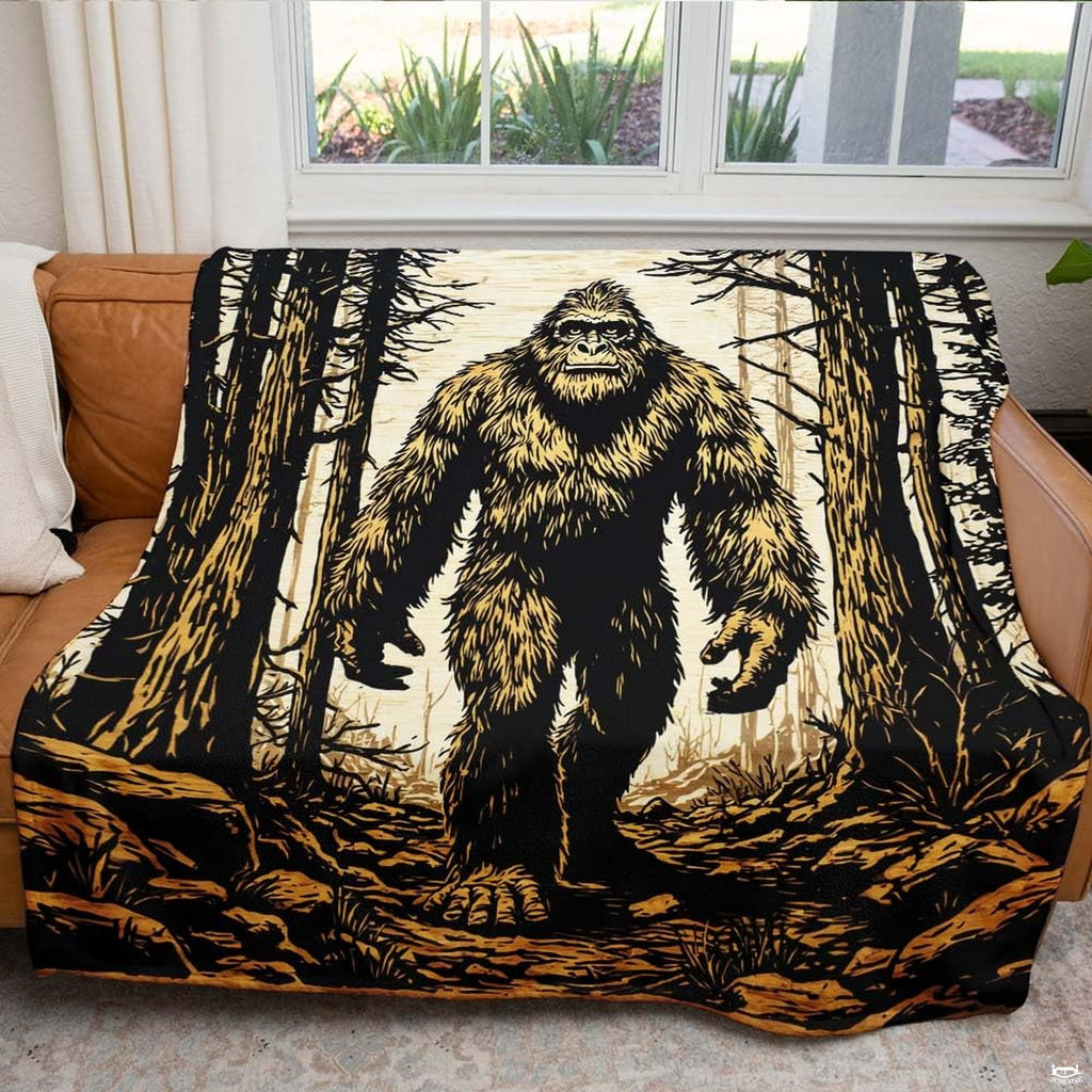 Forward-facing woodcut Sasquatch walking along a forest path framed by pine trees, view 5.