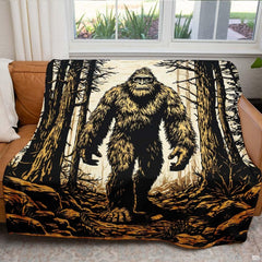 Forward-facing woodcut Sasquatch walking along a forest path framed by pine trees, view 5.