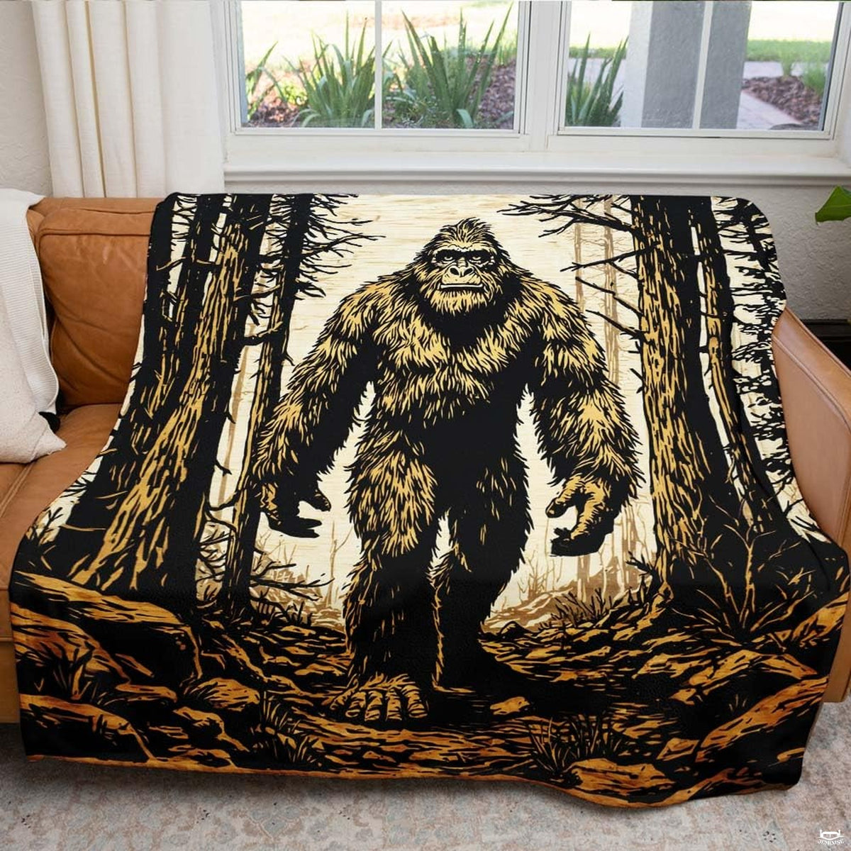 Forward-facing woodcut Sasquatch walking along a forest path framed by pine trees, view 5.