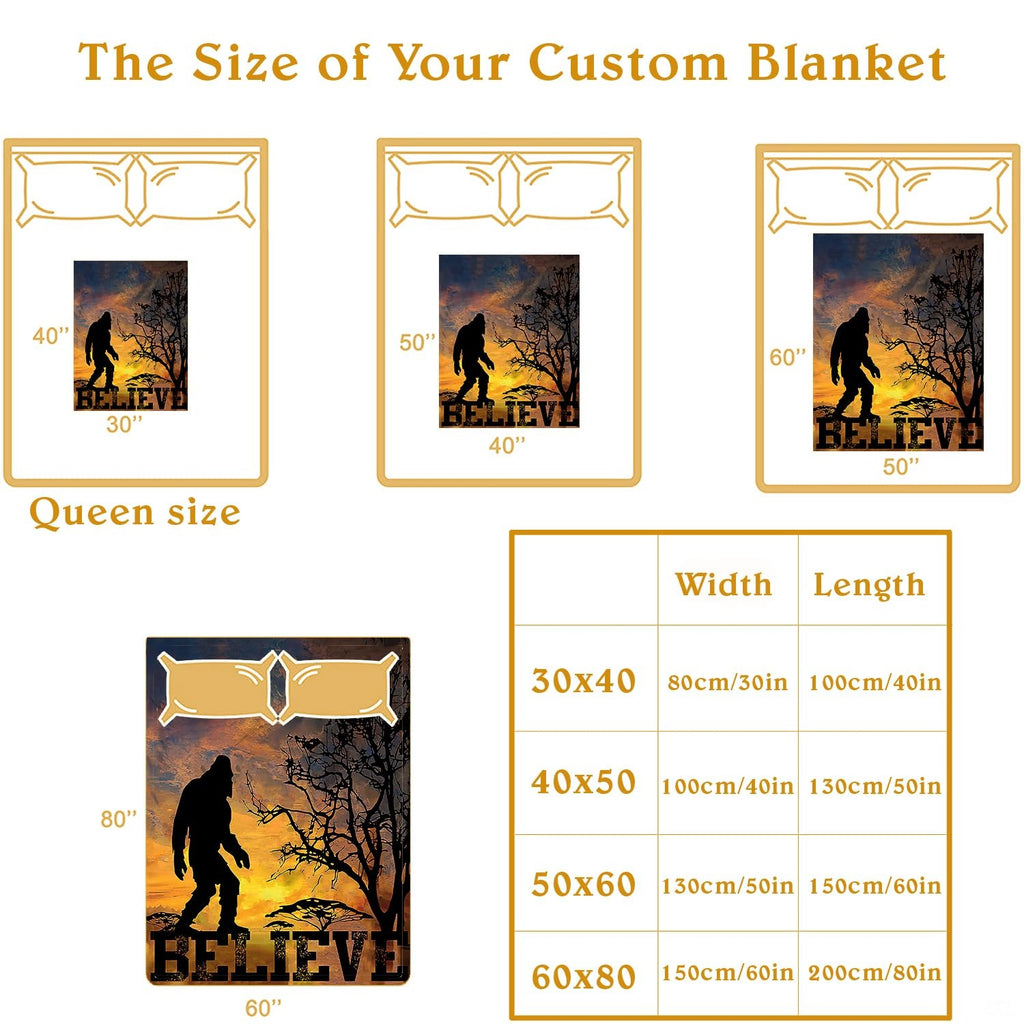 Bigfoot sunset silhouette blanket spread across a bed in a bedroom setting.