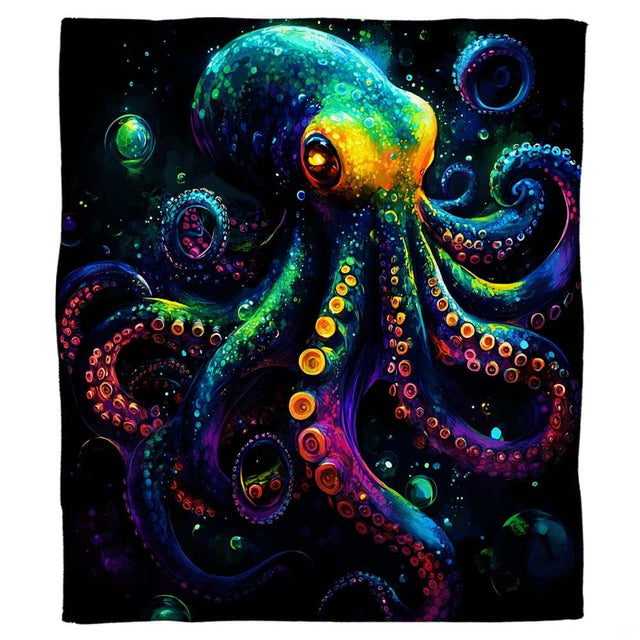 Bioluminescent neon rainbow octopus with glowing bubbles on black throw blanket