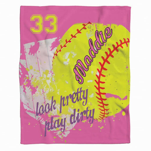 Front full perspective of pink softball throw blanket showing yellow ball and splatter artwork over home plate