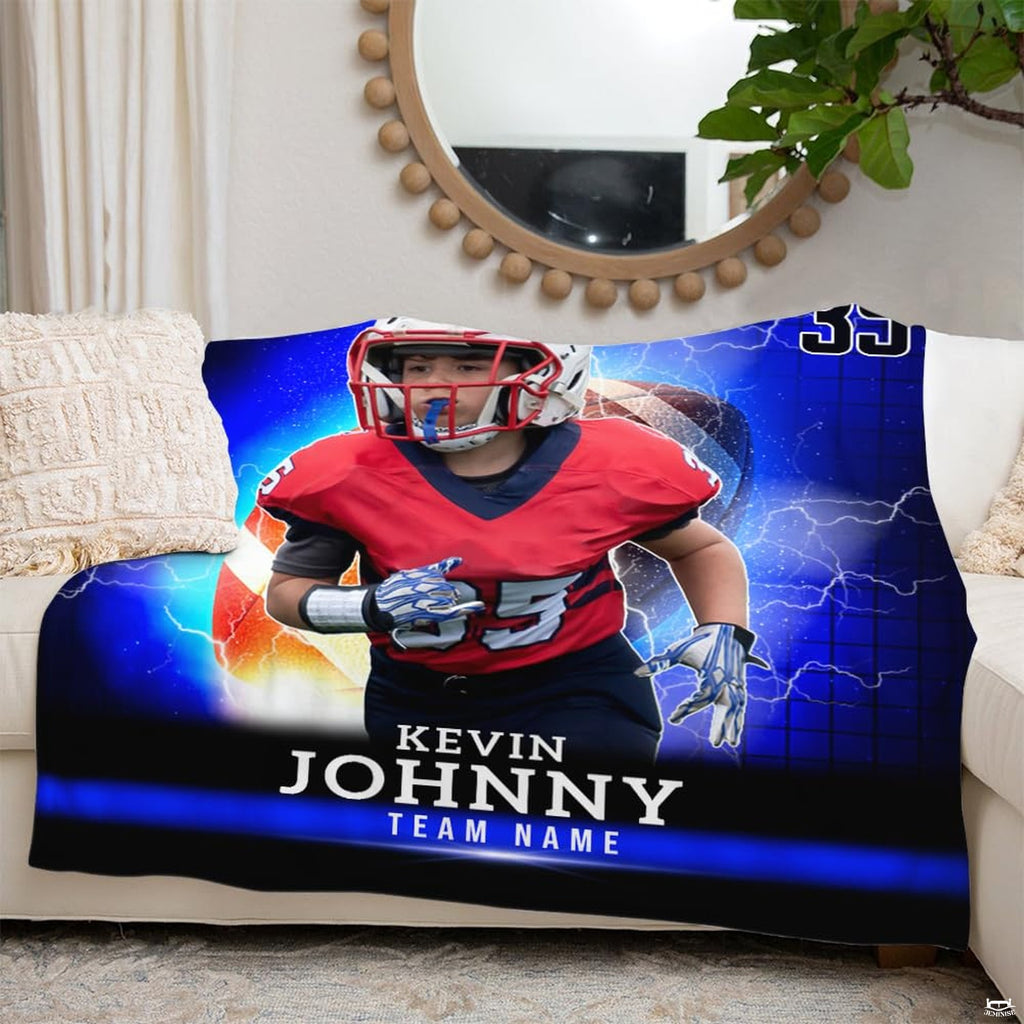 Youth football running back rushing through electric blue lightning bolts, view 6.