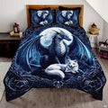Blue dragon and sleeping white fox beneath a full moon