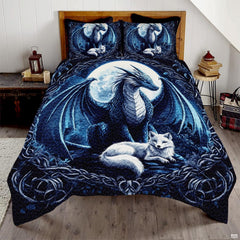 Blue dragon and sleeping white fox beneath a full moon