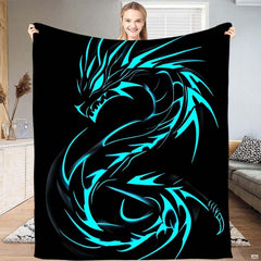 Bedroom interior display showing electric cyan dragon throw blanket styled on modern accent seating