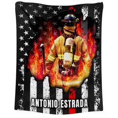 Distressed American flag artwork with thin red line accent on firefighter bedding for station quarters decor.