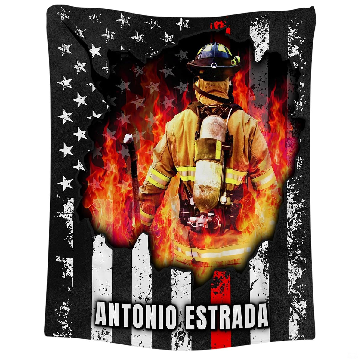Distressed American flag artwork with thin red line accent on firefighter bedding for station quarters decor.