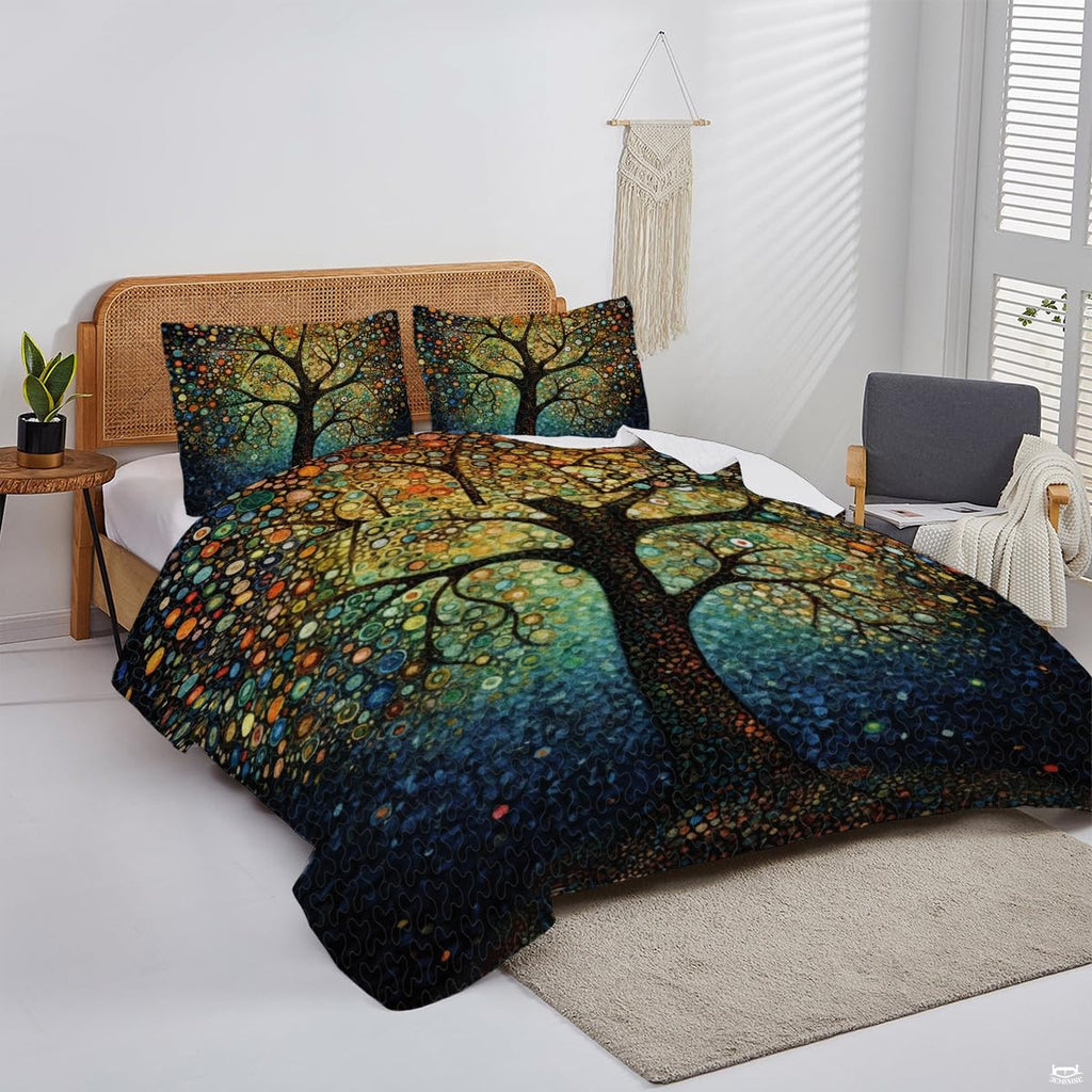Overhead view of dot mosaic tree bedding neatly arranged across a wooden rustic bedroom bed setup