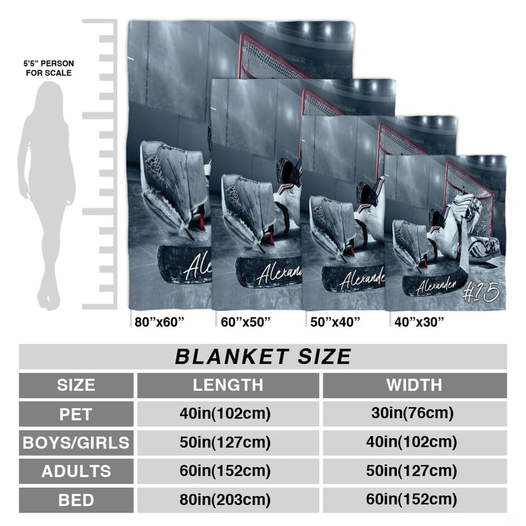 Size proportion chart illustrating available dimensions of the hockey throw blanket.
